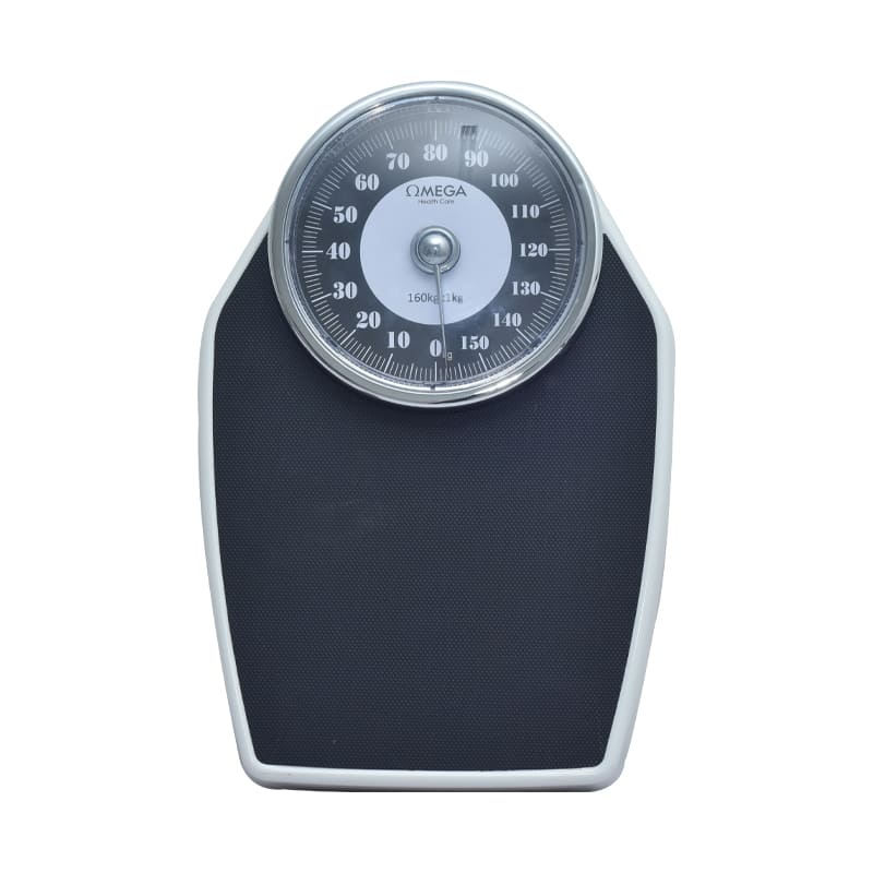 Omega Home scale (CS 9) Up to 150Kg white body with black mat Easy to read Graduation:1Kg Large, comfortable and non slip platform High quality materials